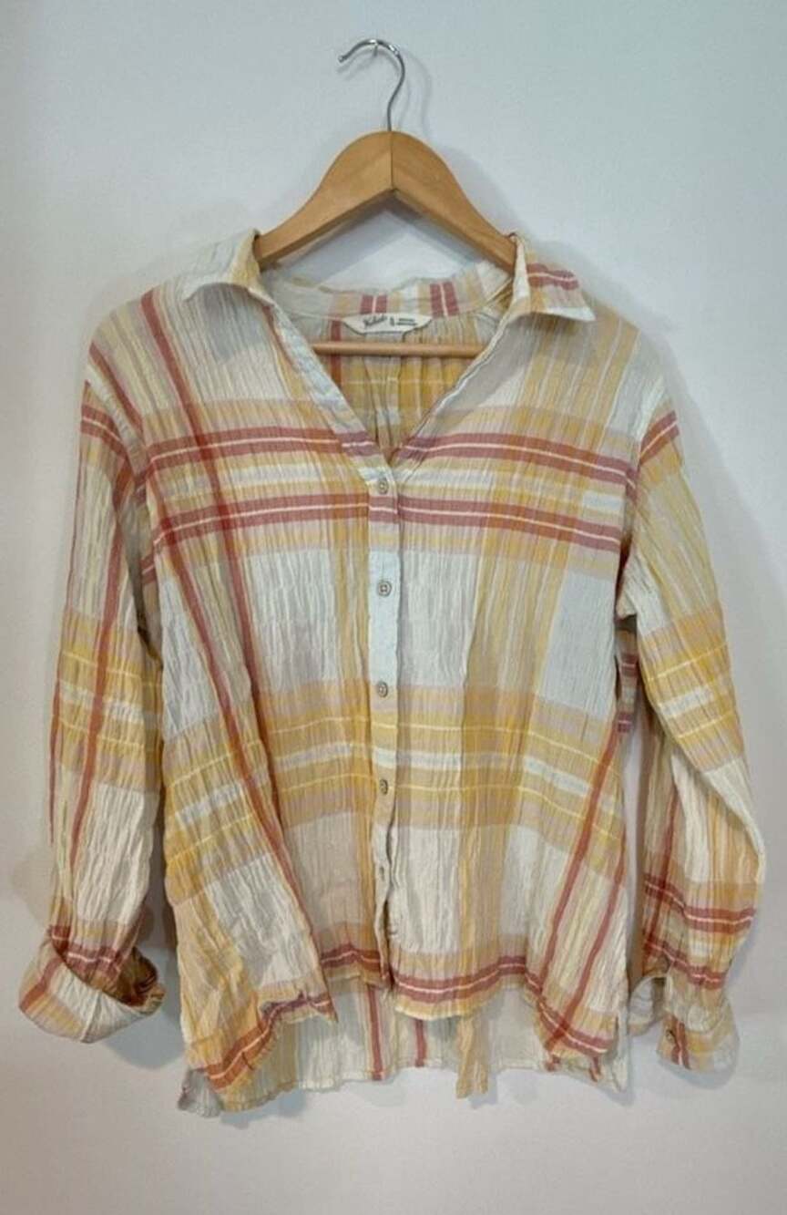 Woolrich Women's Yellow Pink Plaid Crinkled Gauze Button Down Shirt XL